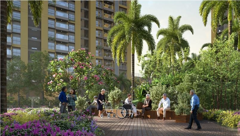 Senior citizens park with seating and gardens at Srijan Orizon