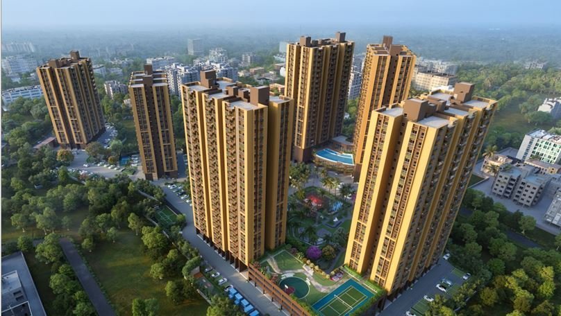 Srijan Orizon podium with tennis court, pool and landscaped courts between towers