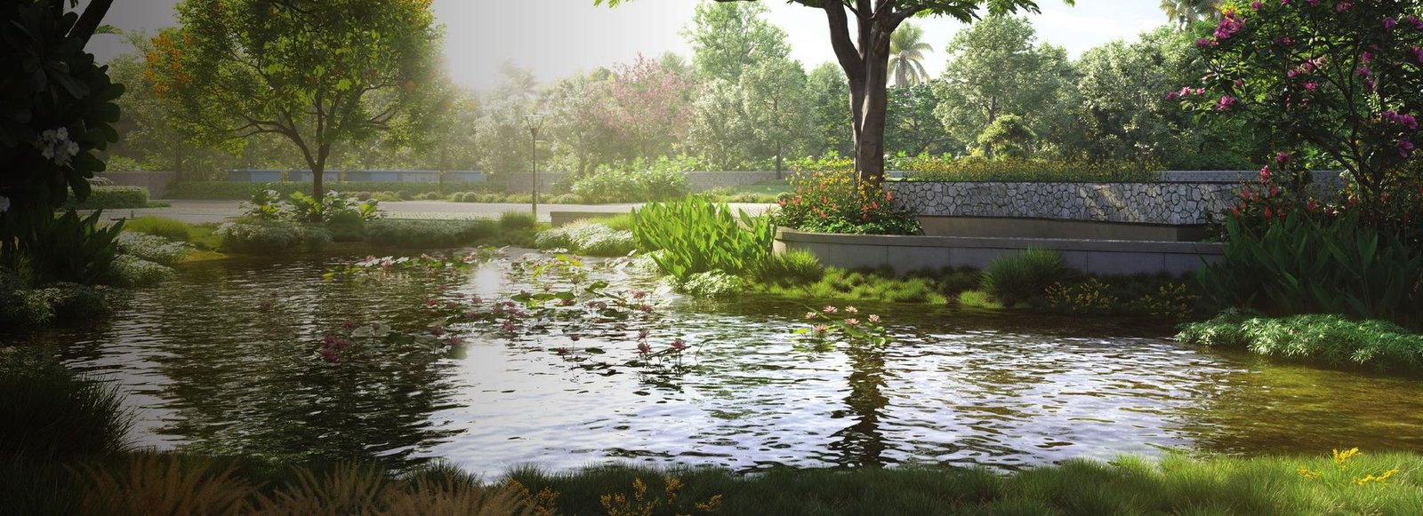 Lily pond and landscaped water garden at Srijan Orizon