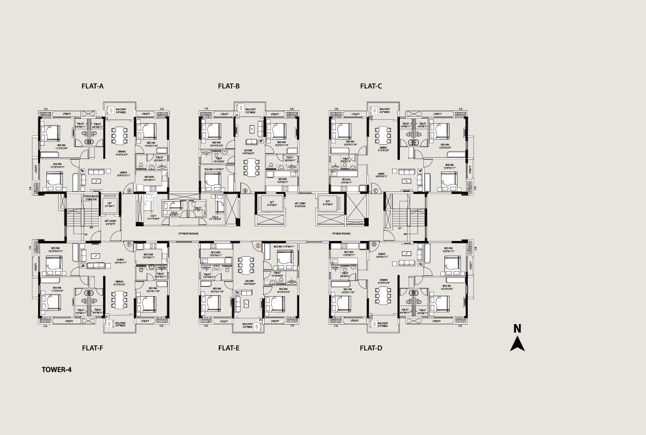 Srijan Orizon Tower 4 typical floor plan with flats A to F